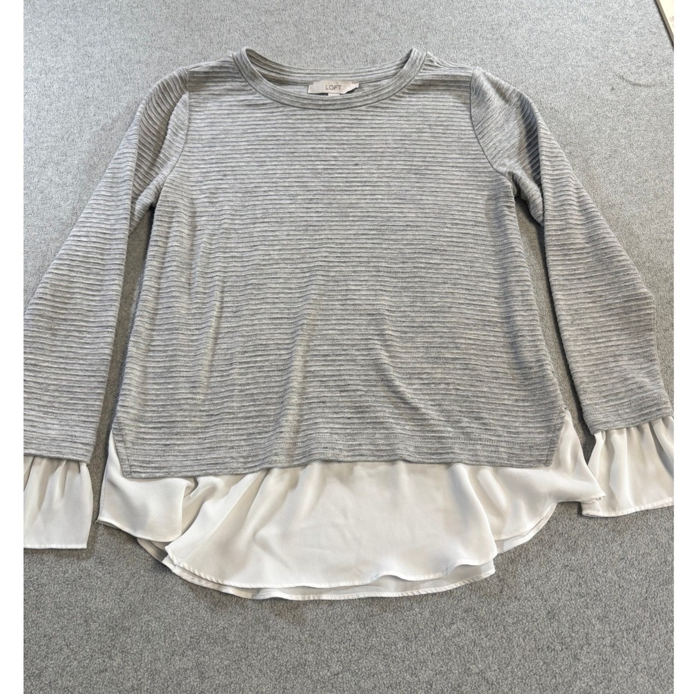 LOFT Mixed Media Top Women S Grey White Excellent Layered Ruffle Long Sleeve